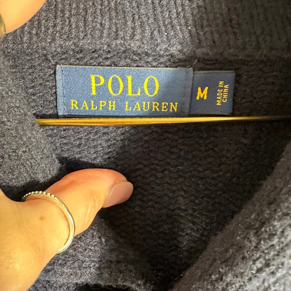 Polo Ralph Lauren Navy Merino Wool Angora Shawl Collar Sweater Mens Medium FLAW